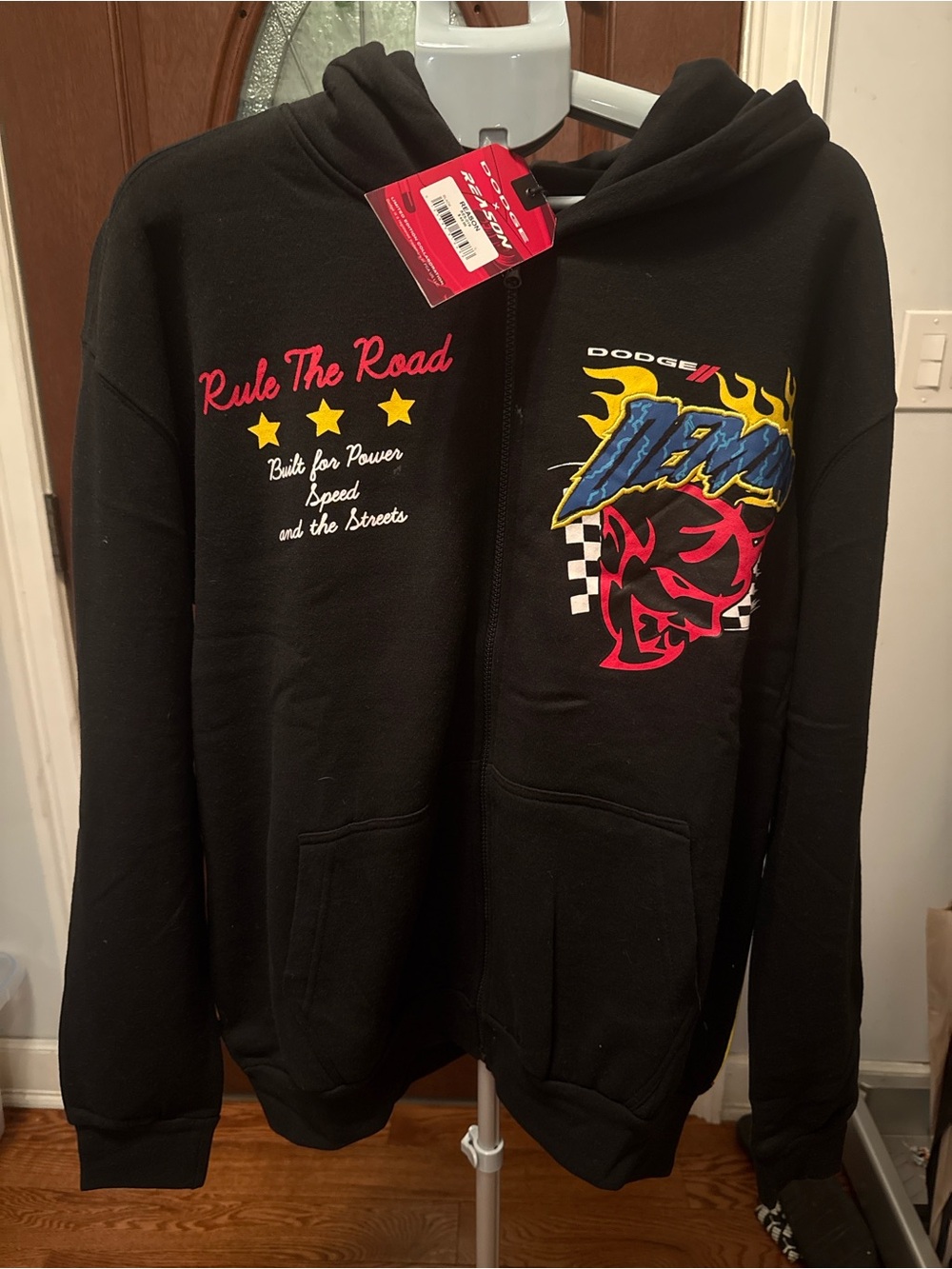 Reason Black Zip-Up Hoodie with Red, Yellow & Blue Racing Graphics